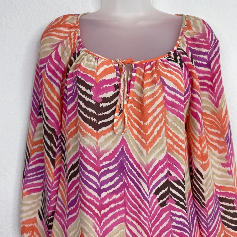 Trina Turk Shirt Women S Colorful Silk Abstract Artsy Peasant Boho Coastal Beach